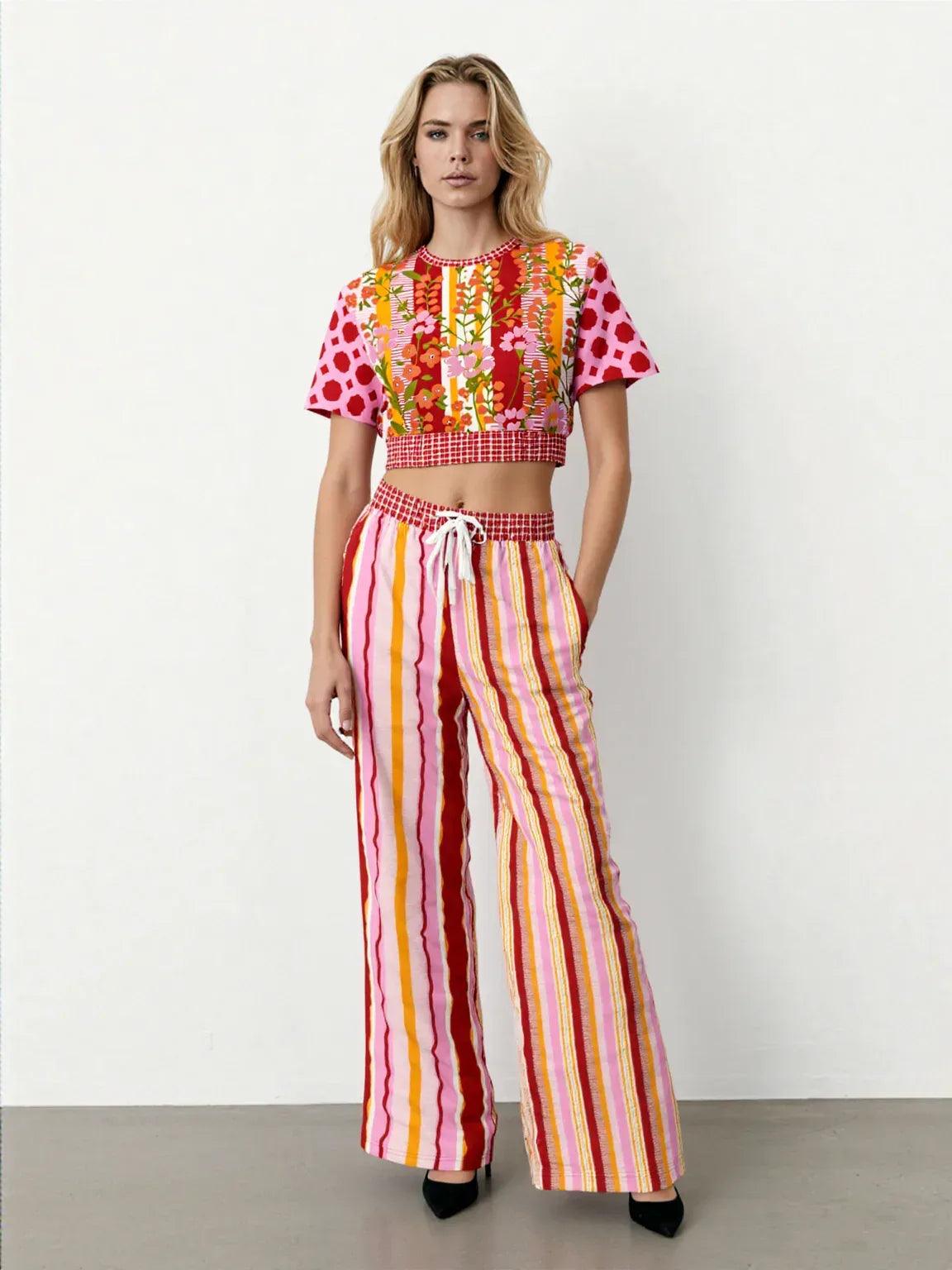 My Dream in Red Stripe Floral Eco-Poly Short Sleeve Cropped Pullover