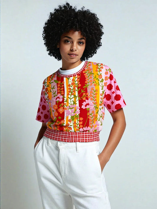 My Dream in Red Stripe Floral Eco-Poly Short Sleeve Cropped Pullover