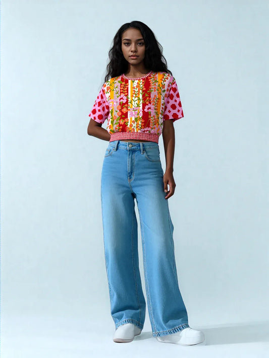 My Dream in Red Stripe Floral Eco-Poly Short Sleeve Cropped Pullover