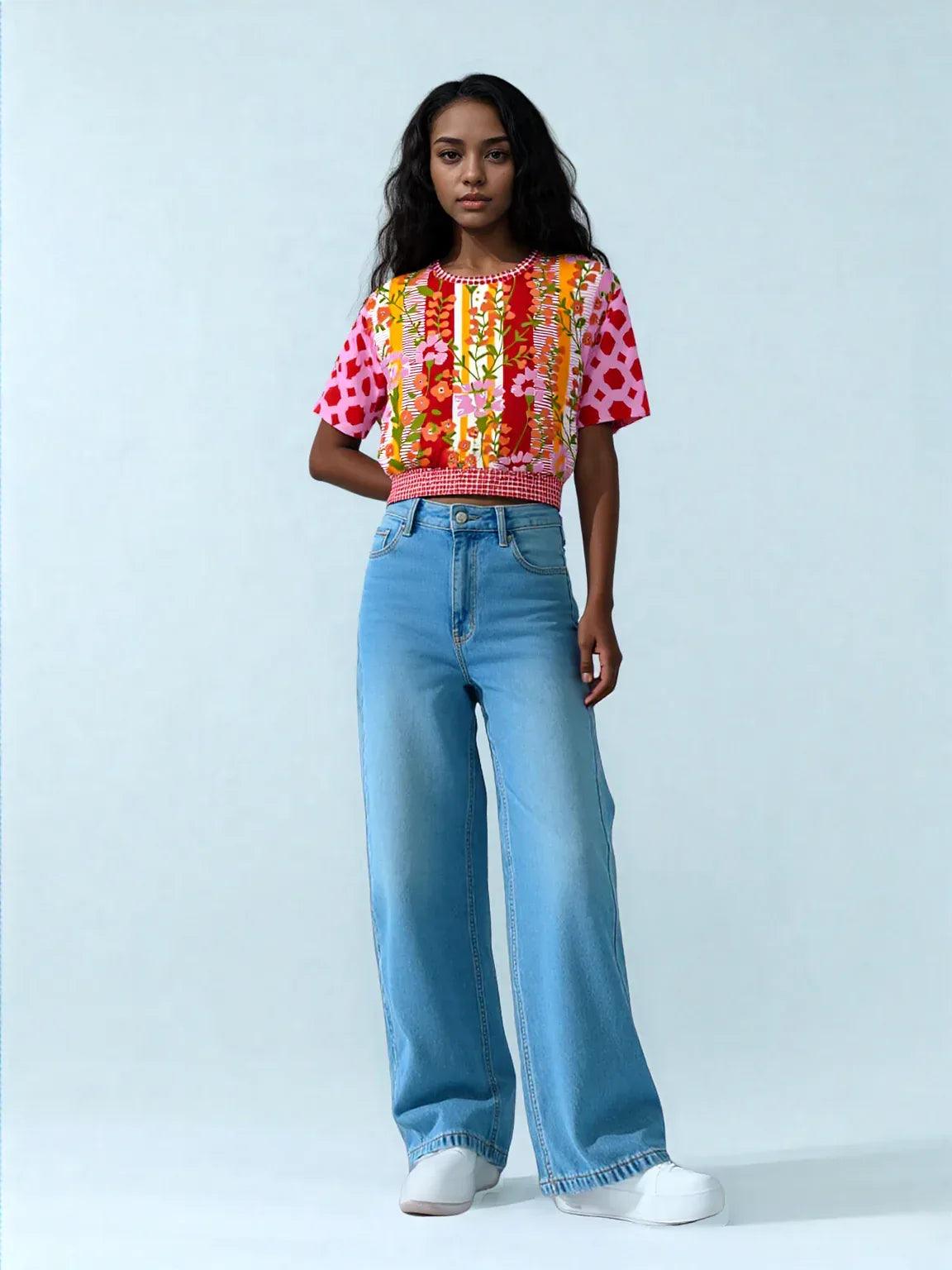 My Dream in Red Stripe Floral Eco-Poly Short Sleeve Cropped Pullover
