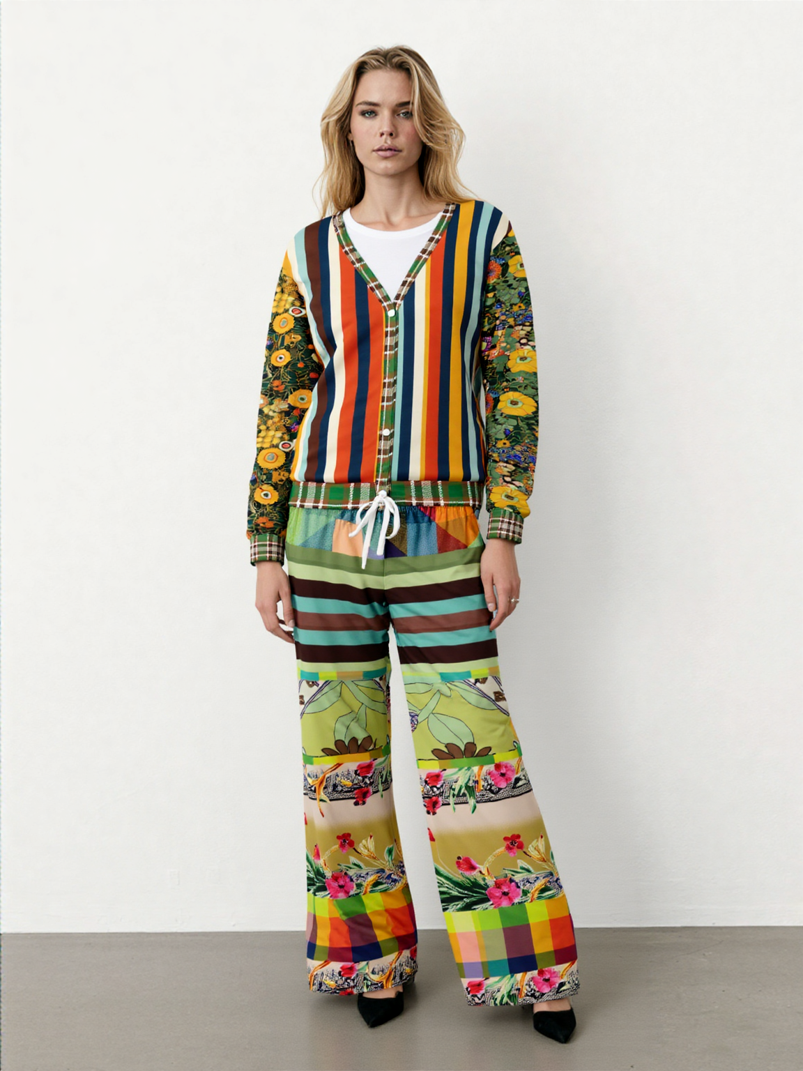 Green Soho Apple Striped Eco-Poly Wide Leg Pants