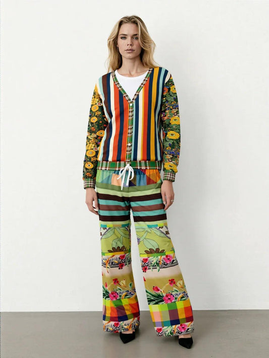 Green Soho Apple Striped Eco-Poly Wide Leg Pants