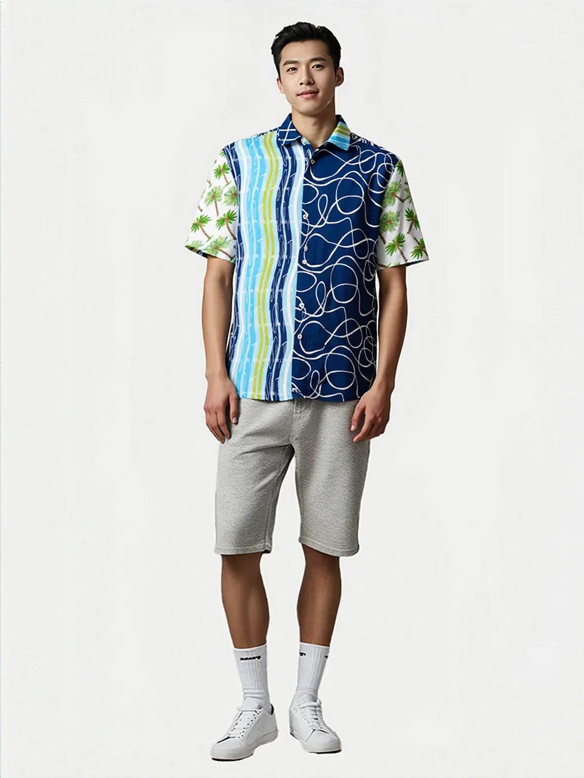 Mykonos Striped Graffiti Print Short Sleeve Button Down Shirt