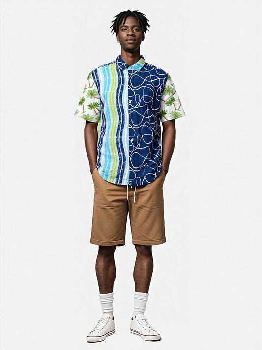 Mykonos Striped Graffiti Print Short Sleeve Button Down Shirt