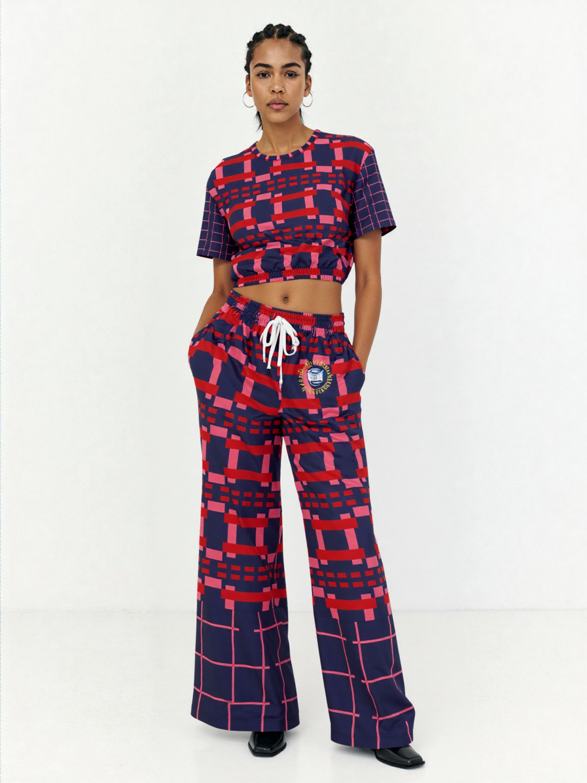 Navy and Coral Square Olympia Plaid Eco-Poly Short Sleeve Cropped Pullover