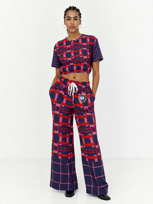 Navy and Coral Square Olympia Plaid Eco-Poly Short Sleeve Cropped Pullover