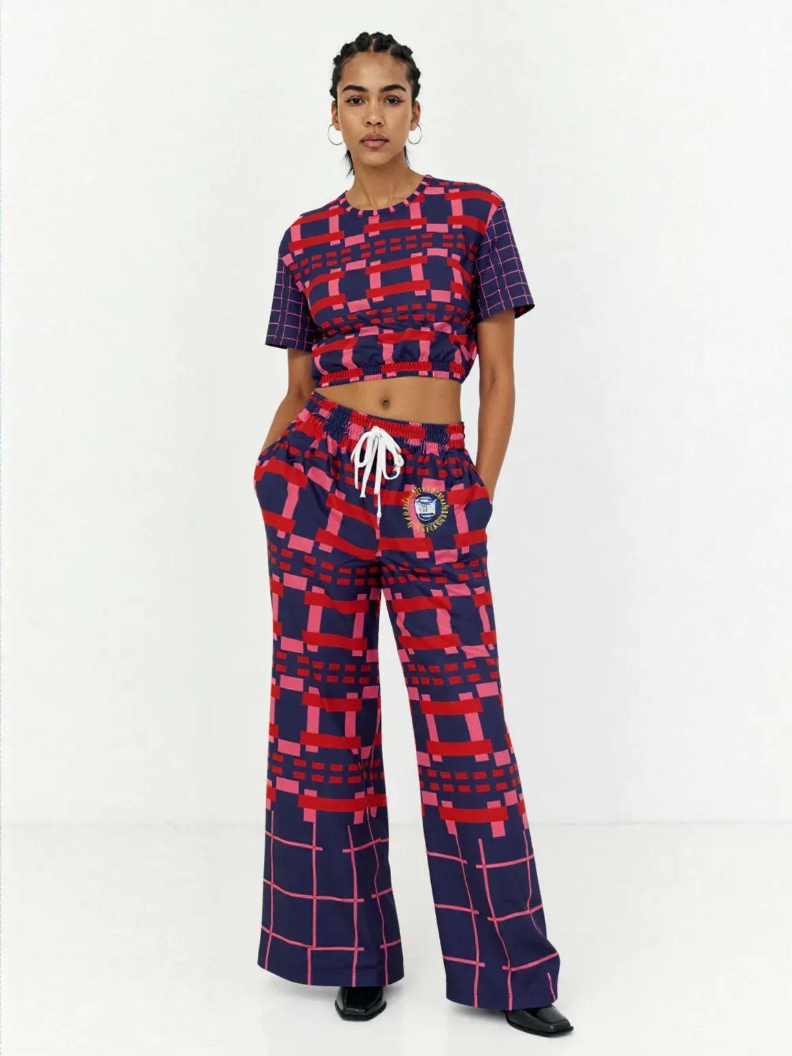 Navy and Coral Square Olympia Plaid Eco-Poly Short Sleeve Cropped Pullover
