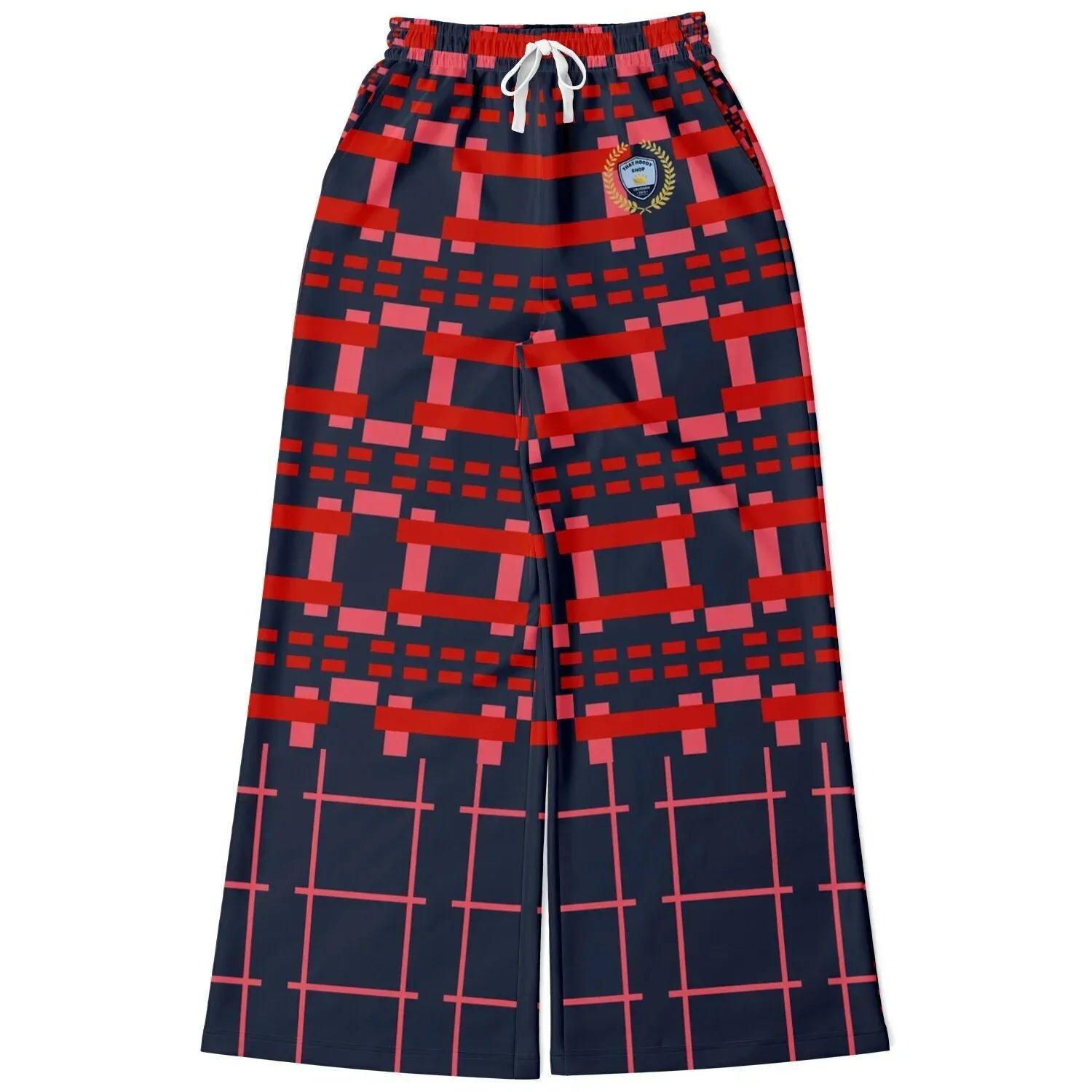 Navy and Coral Square Olympia Plaid Eco-Poly Wide Leg Pants