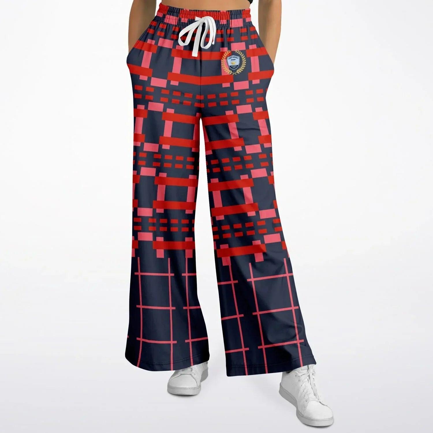 Navy and Coral Square Olympia Plaid Eco-Poly Wide Leg Pants