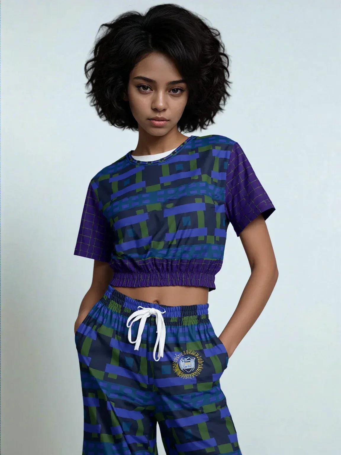 Navy and Green Square Olympia Plaid Eco-Poly Short Sleeve Cropped Pullover