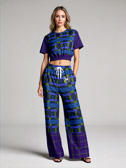 Navy and Green Square Olympia Plaid Eco-Poly Wide Leg Pants