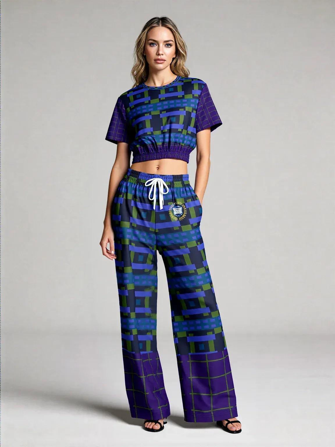 Navy and Green Square Olympia Plaid Eco-Poly Wide Leg Pants