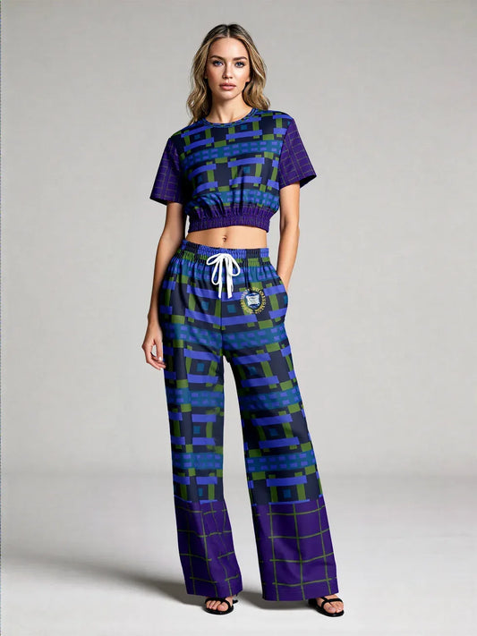 Navy and Green Square Olympia Plaid Eco-Poly Wide Leg Pants