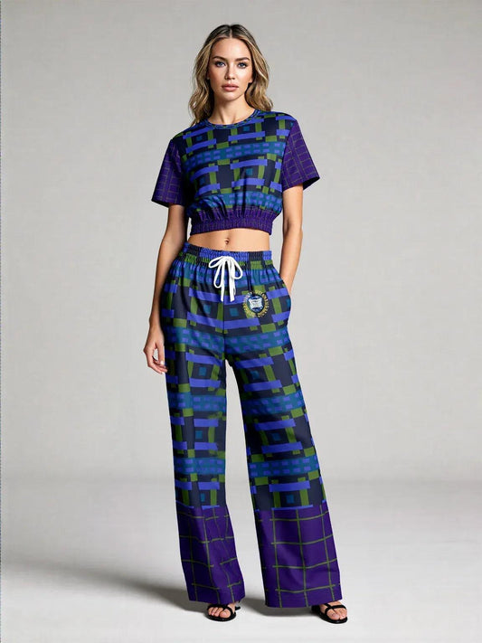 Navy and Green Square Olympia Plaid Eco-Poly Wide Leg Pants