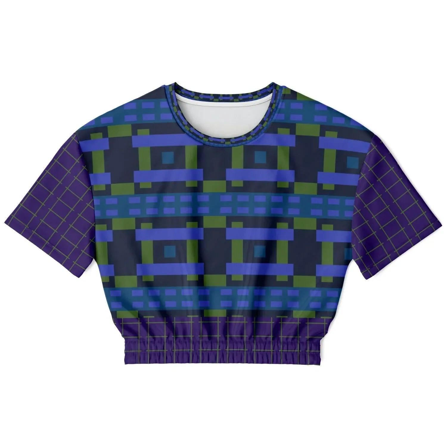 Navy and Green Square Olympia Plaid Eco-Poly Short Sleeve Cropped Pullover