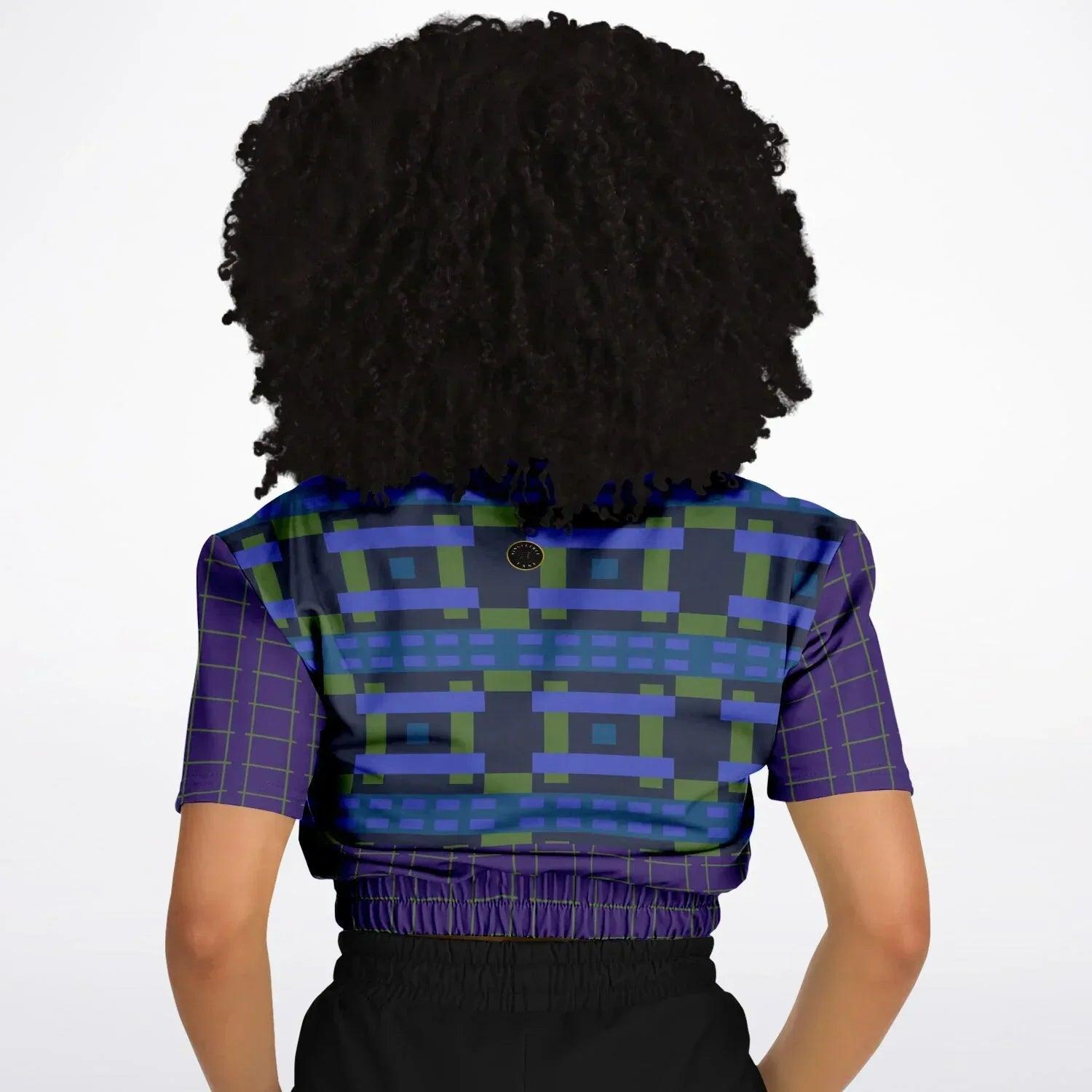 Navy and Green Square Olympia Plaid Eco-Poly Short Sleeve Cropped Pullover