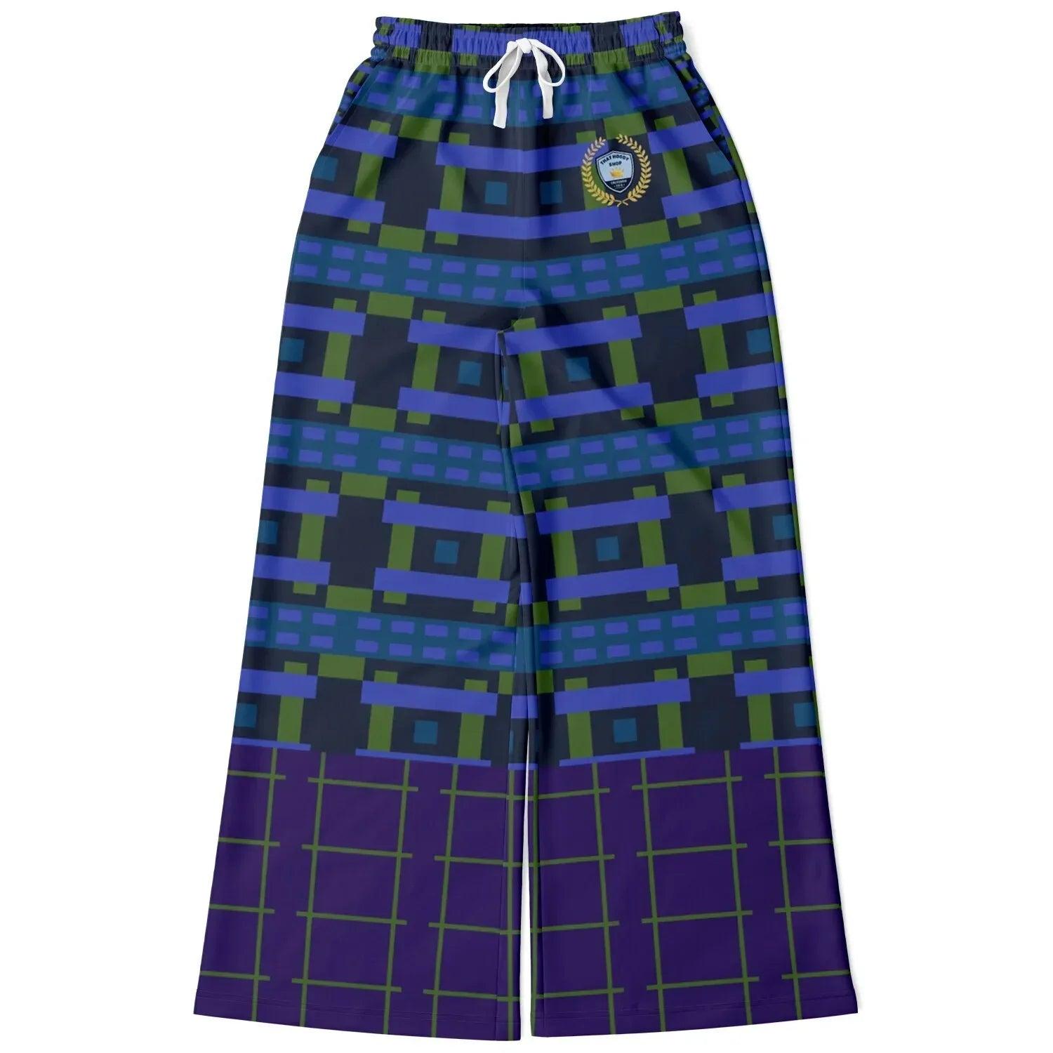 Navy and Green Square Olympia Plaid Eco-Poly Wide Leg Pants