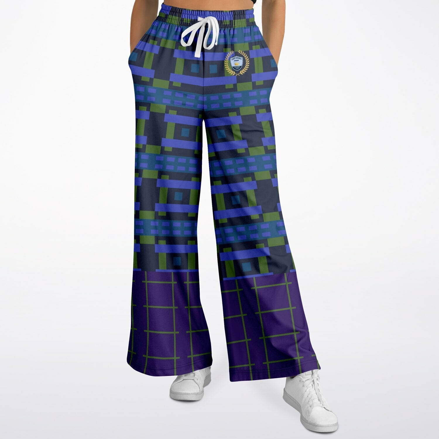 Navy and Green Square Olympia Plaid Eco-Poly Wide Leg Pants