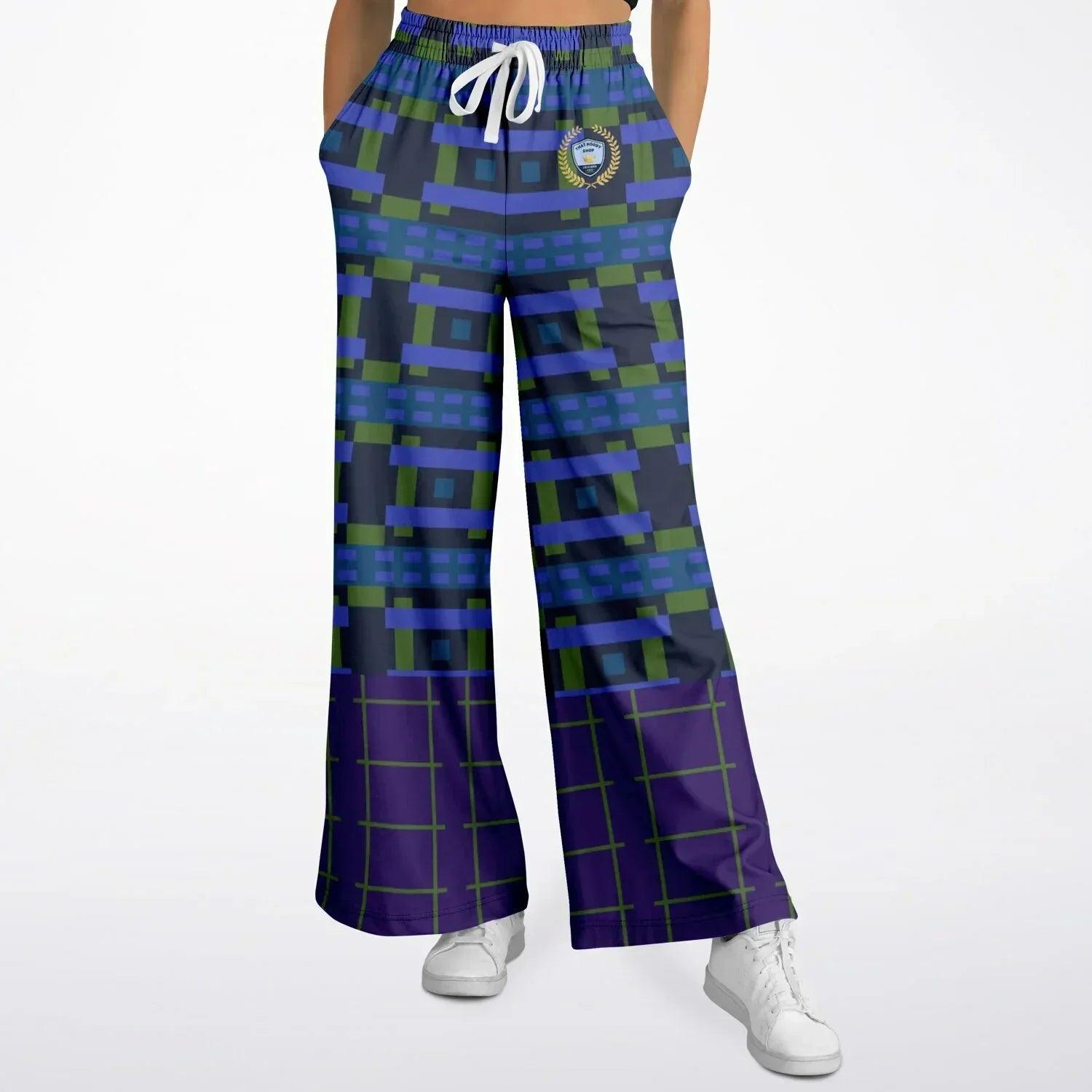 Navy and Green Square Olympia Plaid Eco-Poly Wide Leg Pants