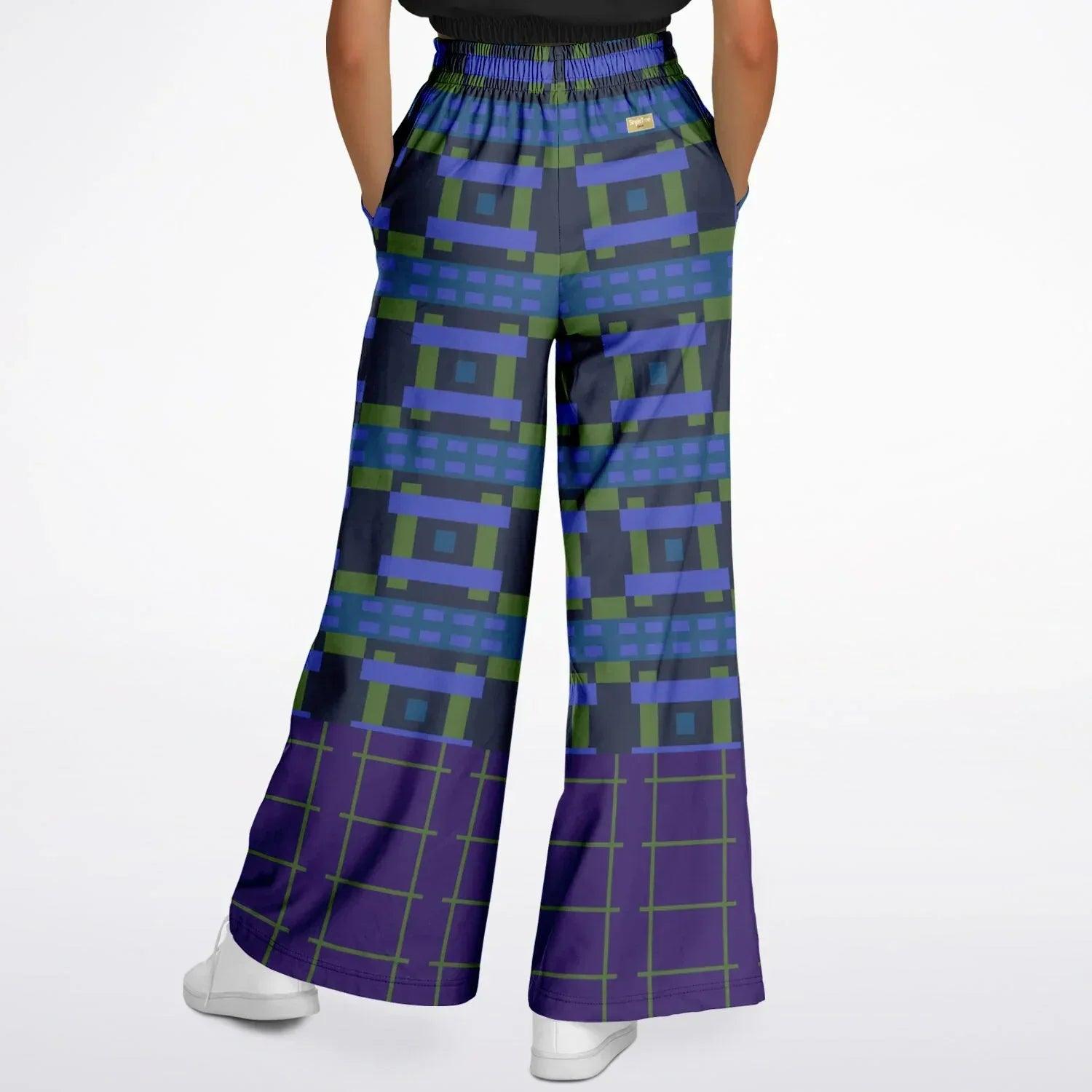 Navy and Green Square Olympia Plaid Eco-Poly Wide Leg Pants