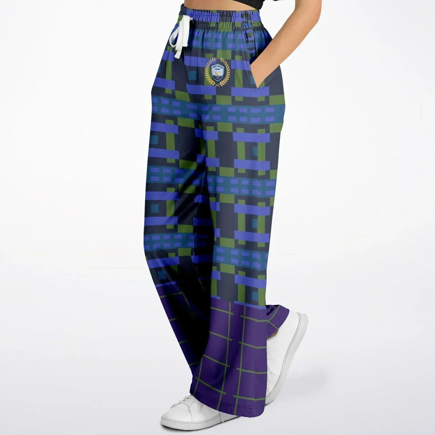 Navy and Green Square Olympia Plaid Eco-Poly Wide Leg Pants
