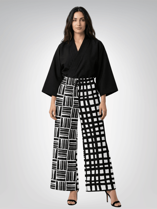 Black & White Distortion Windowpane Plaid Eco-Poly Wide Leg Pants