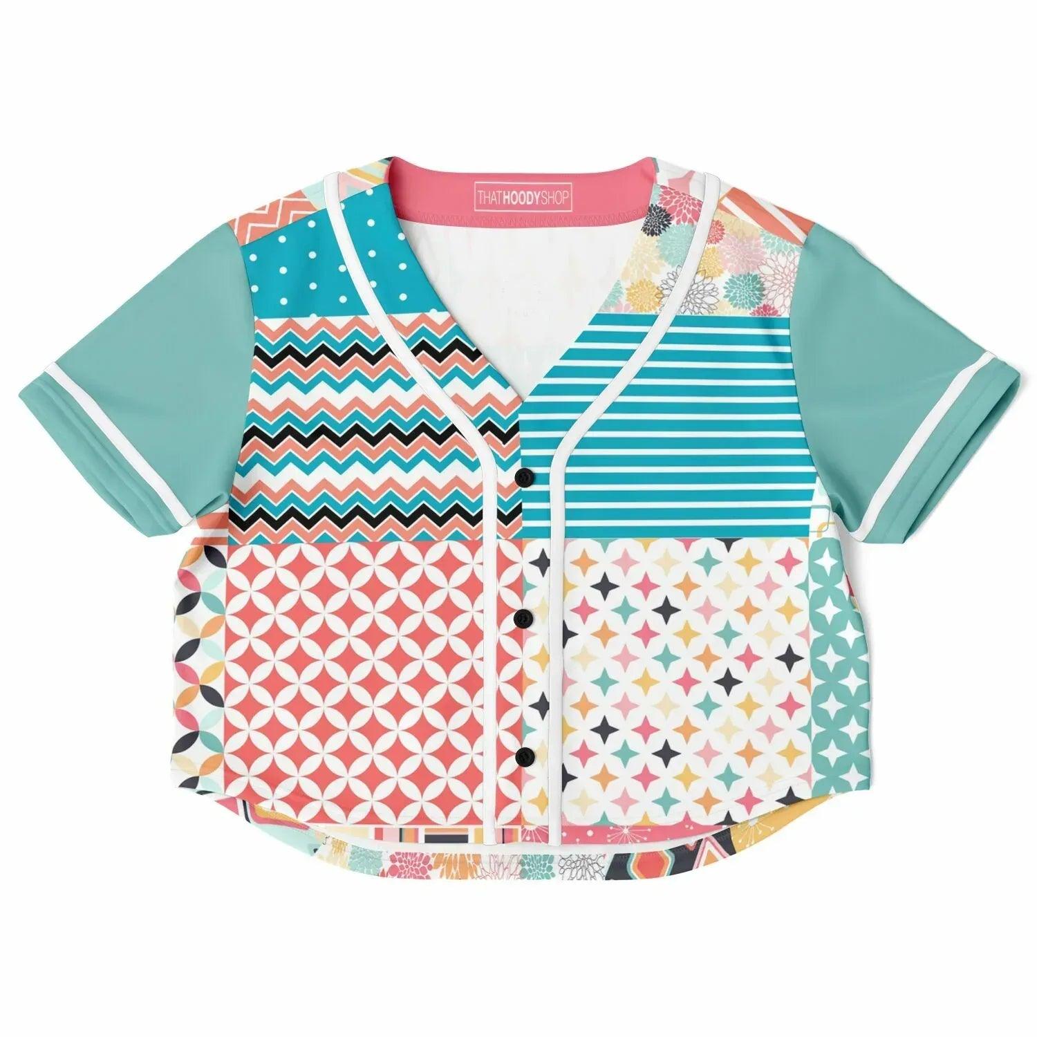 Old Miami Geo Patchwork Eco-Poly Cropped Button Front Jersey