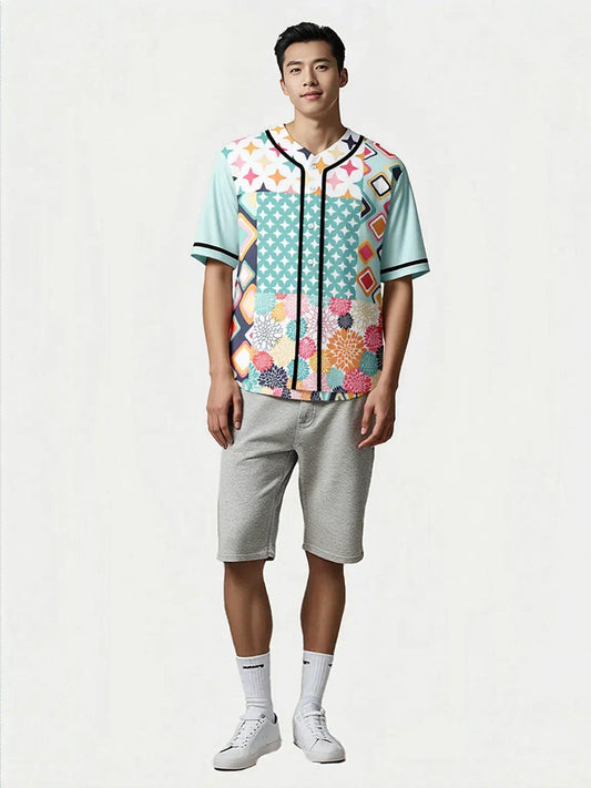 Old Miami Geo Trefoil Patchwork Eco-Poly Button Front Jersey