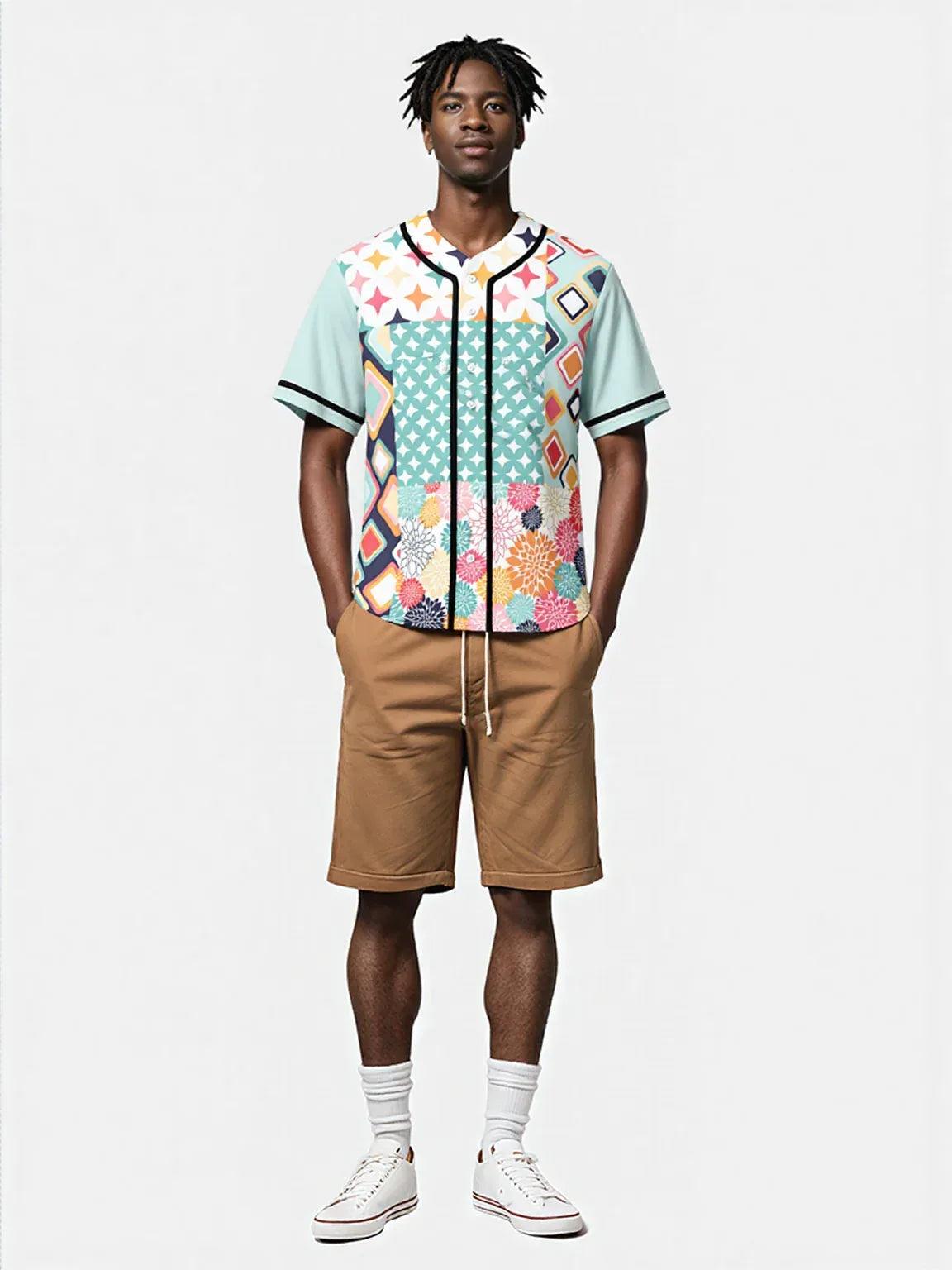 Old Miami Geo Trefoil Patchwork Eco-Poly Button Front Jersey