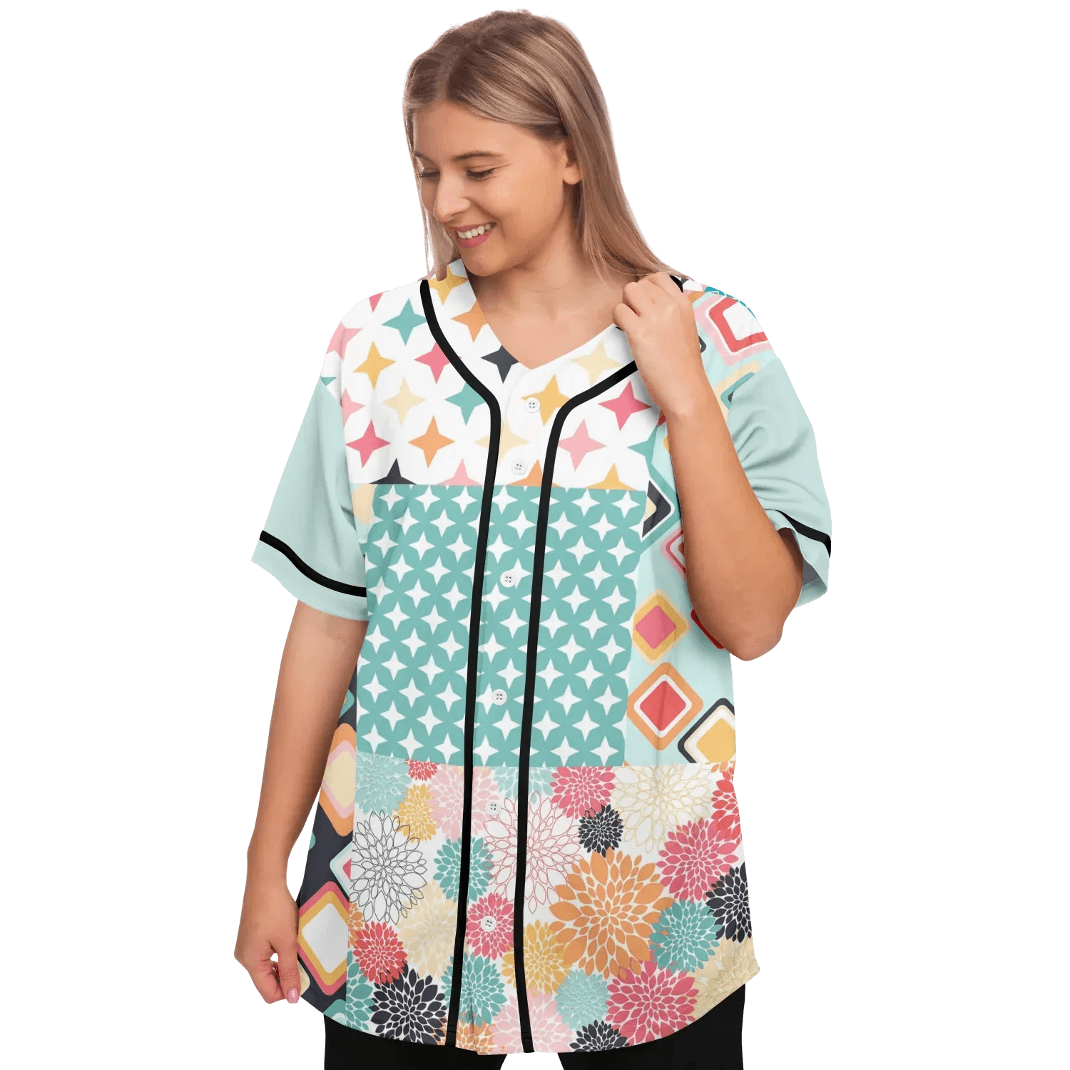 Old Miami Geo Trefoil Patchwork Eco-Poly Button Front Jersey