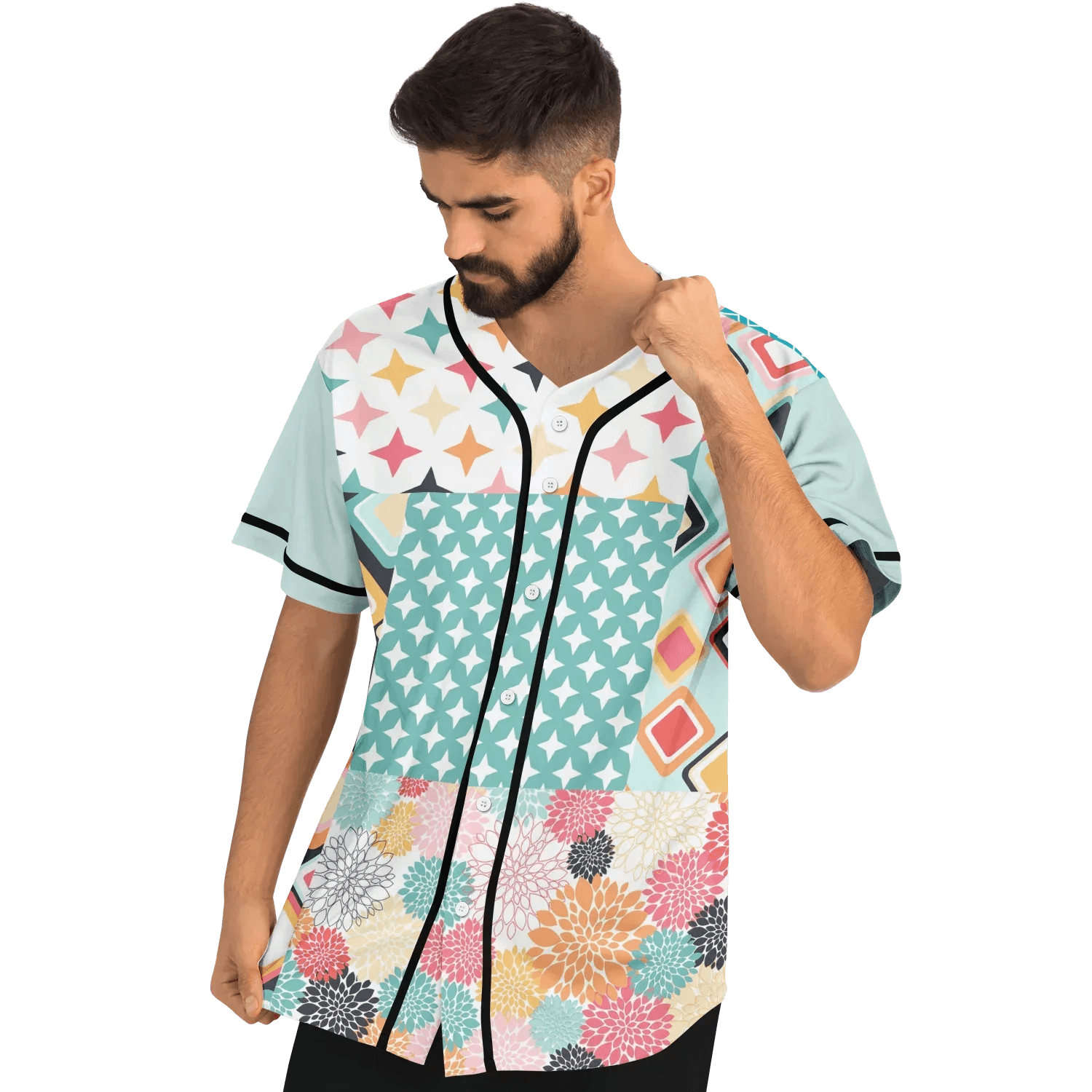 Old Miami Geo Trefoil Patchwork Eco-Poly Button Front Jersey