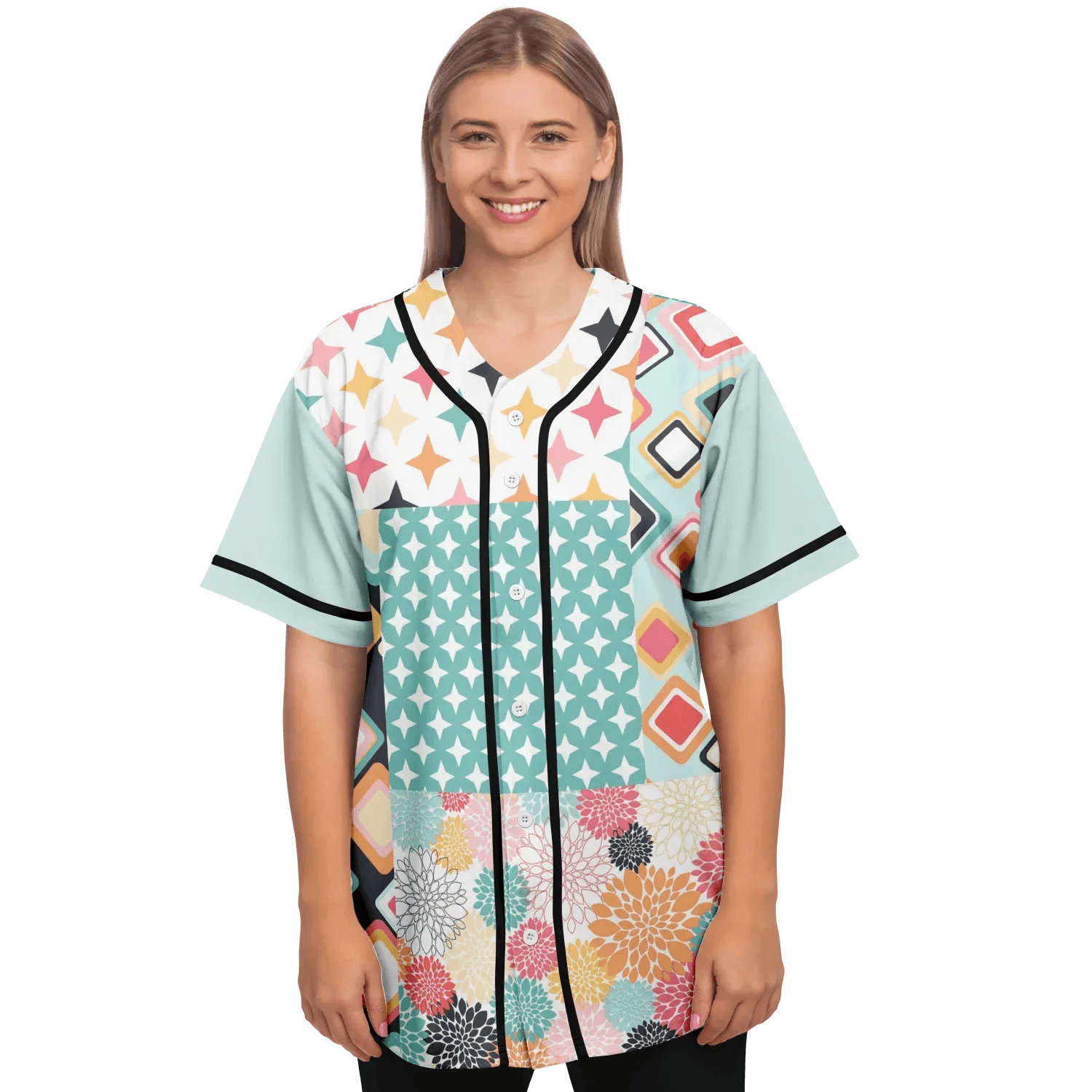 Old Miami Geo Trefoil Patchwork Eco-Poly Button Front Jersey