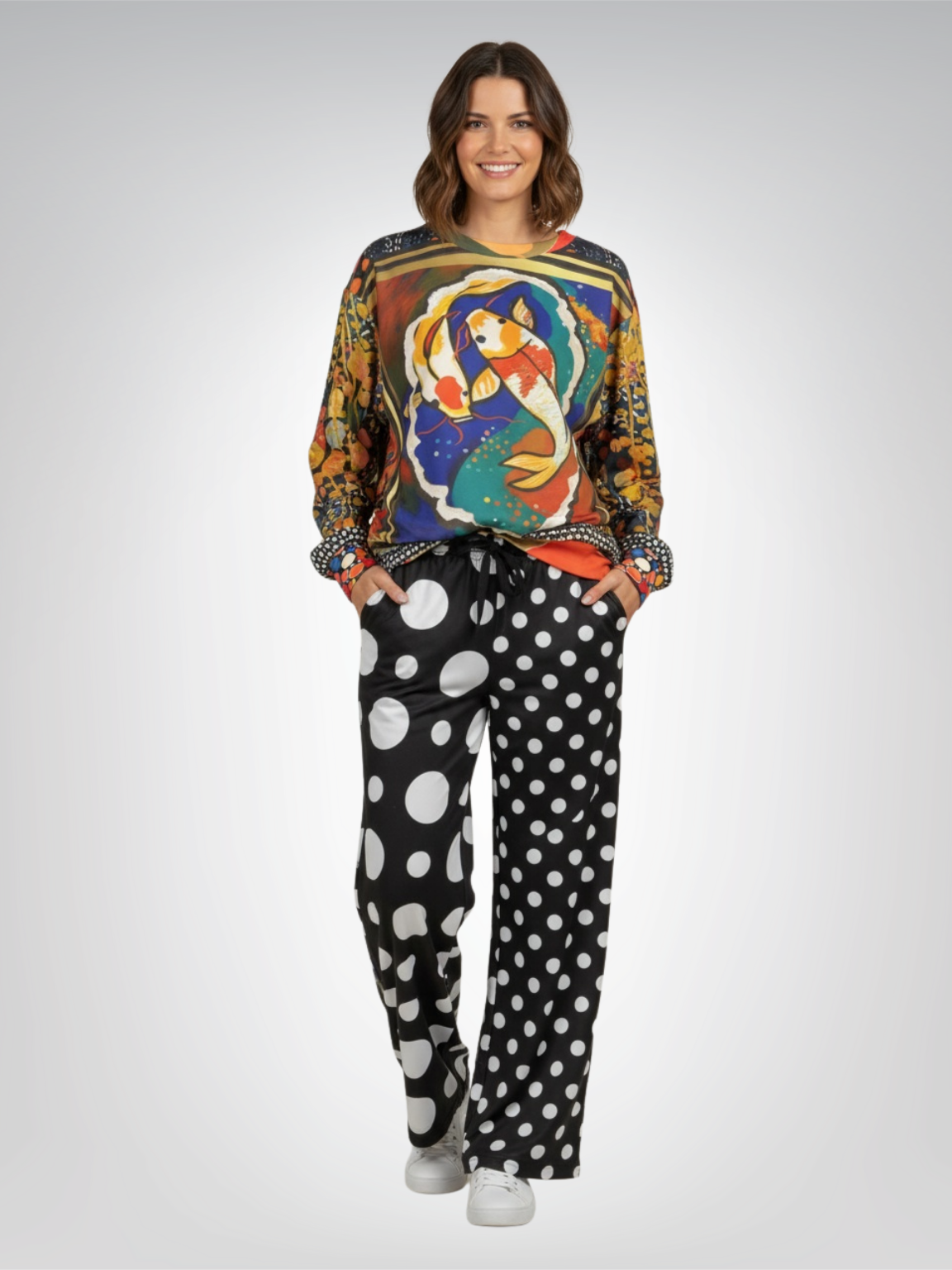 Bubbles in Black and White Eco-Poly Wide Leg Pants