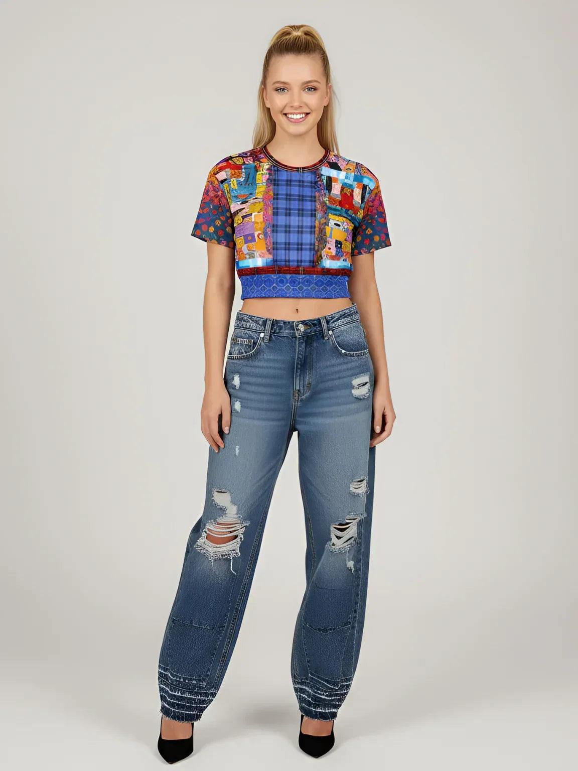 Open Window in Provence - Matisse - Graffiti Patchwork Eco-Poly Short Sleeve Cropped Pullover