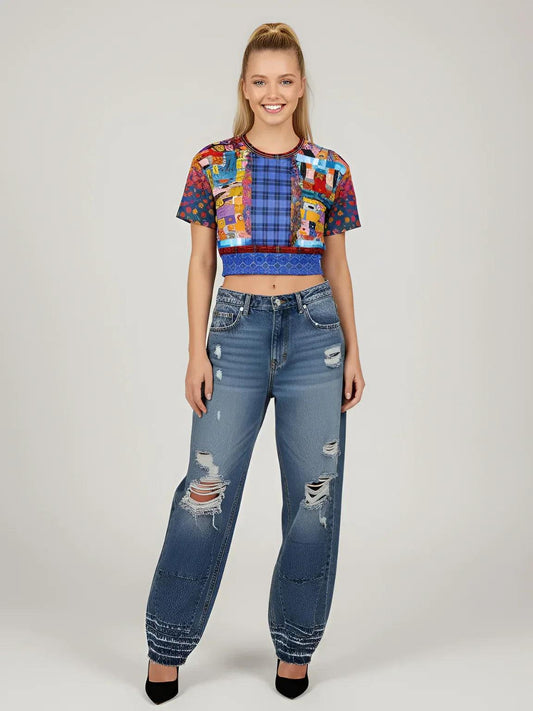 Open Window in Provence - Matisse - Graffiti Patchwork Eco-Poly Short Sleeve Cropped Pullover