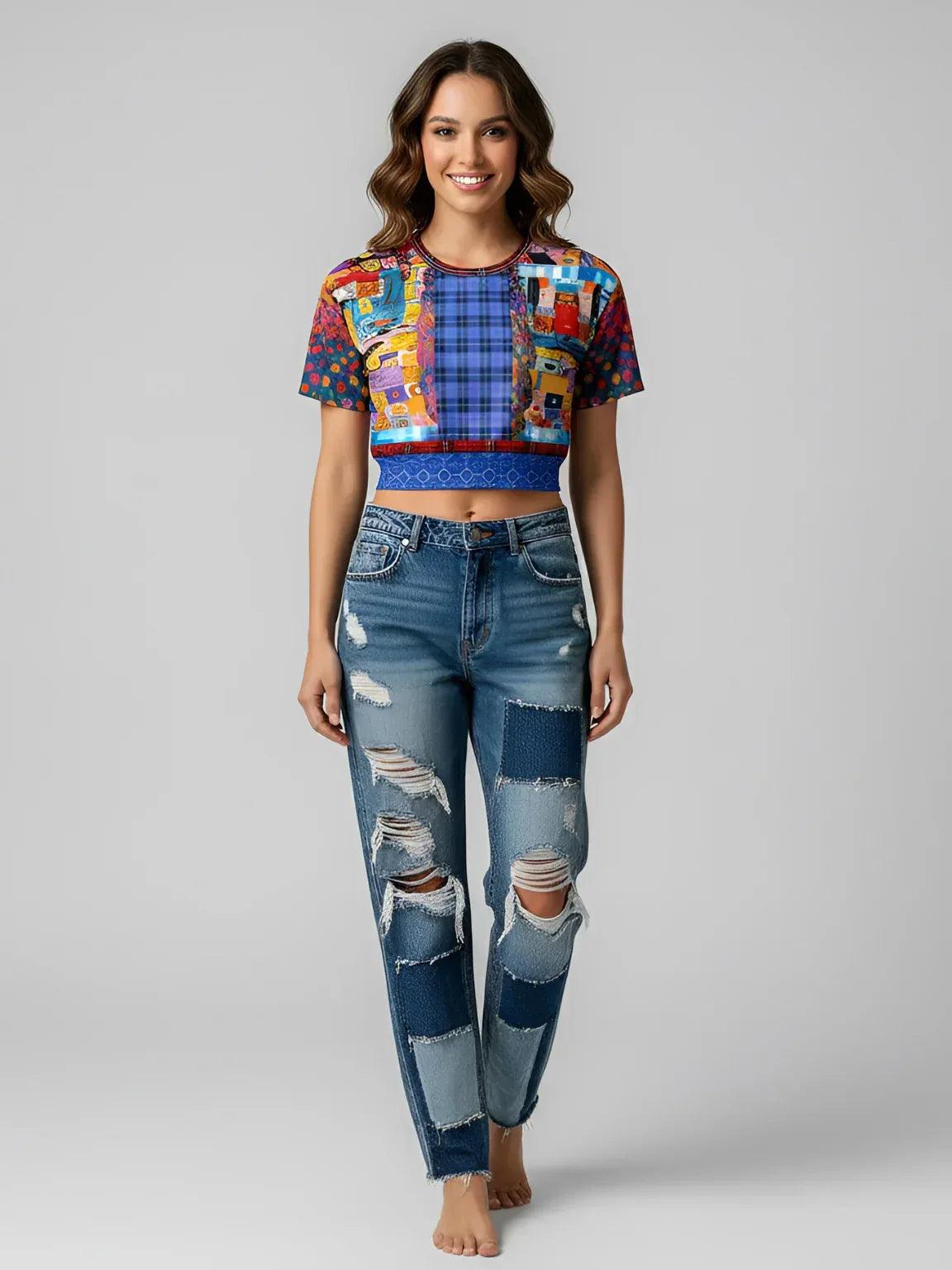 Open Window in Provence - Matisse - Graffiti Patchwork Eco-Poly Short Sleeve Cropped Pullover