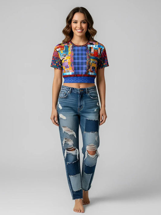 Open Window in Provence - Matisse - Graffiti Patchwork Eco-Poly Short Sleeve Cropped Pullover