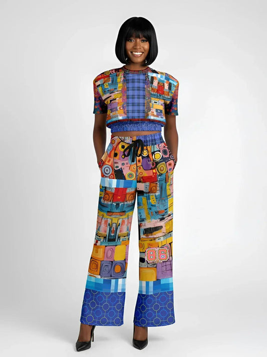 Open Window in Provence - Matisse - Graffiti Print Patchwork Eco-Poly Wide Leg Pants