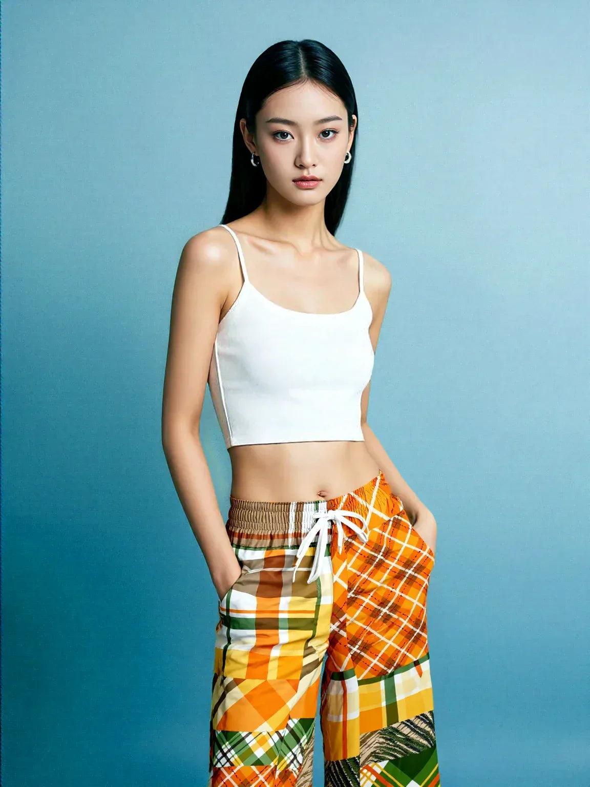 Orange Extrapolation Harvest Plaid Patchwork Eco-Poly Wide Leg Pants