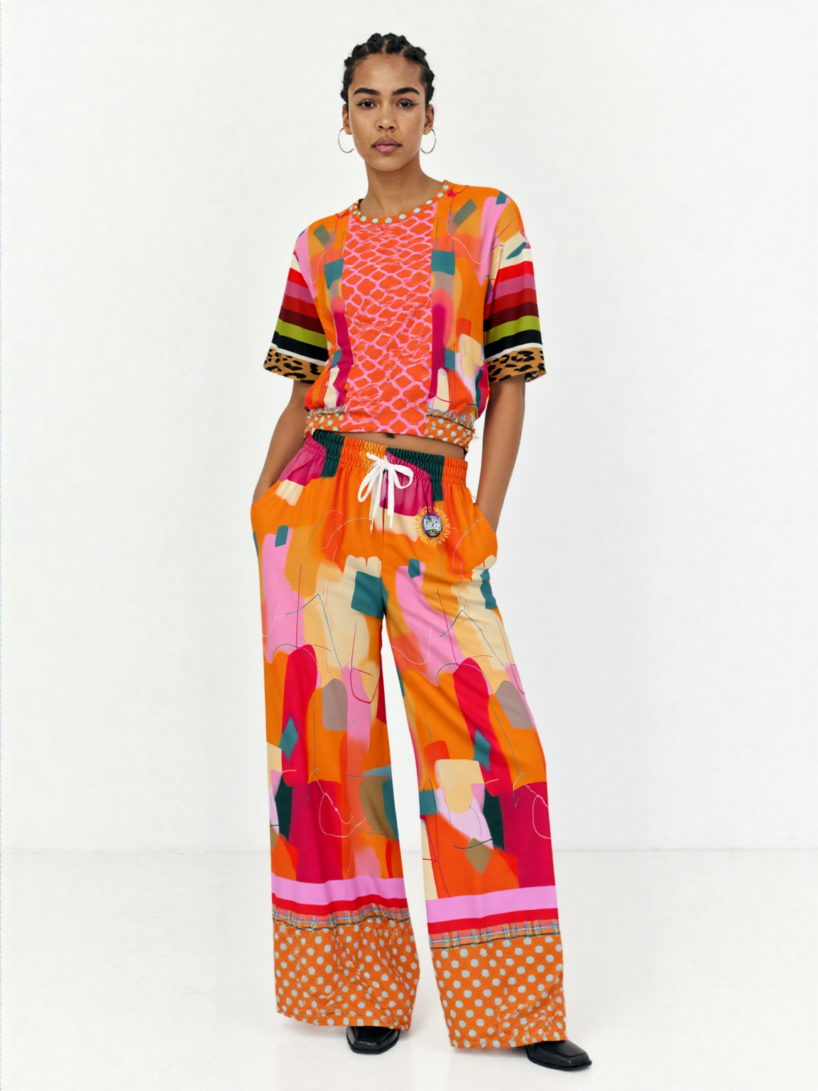 Orange Miramar Abstract Colorblock Eco-Poly Wide Leg Pants
