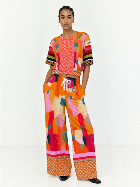 Orange Miramar Abstract Colorblock Eco-Poly Short Sleeve Cropped Pullover