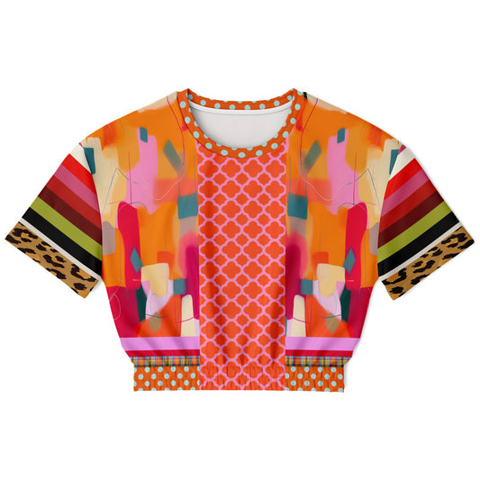 Orange Miramar Abstract Colorblock Eco-Poly Short Sleeve Cropped Pullover