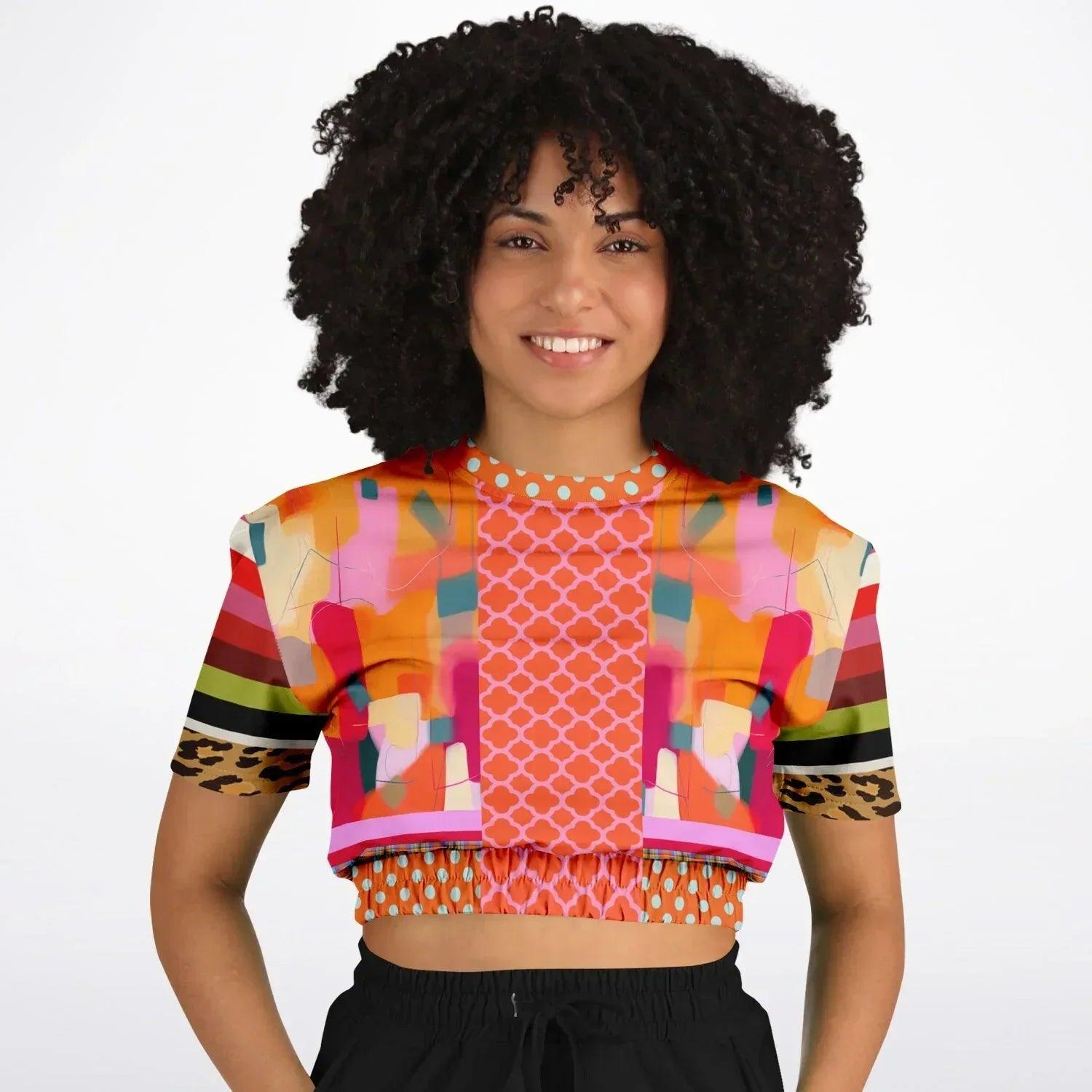 Orange Miramar Abstract Colorblock Eco-Poly Short Sleeve Cropped Pullover