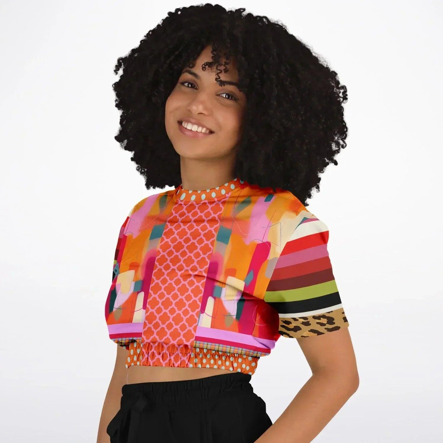 Orange Miramar Abstract Colorblock Eco-Poly Short Sleeve Cropped Pullover