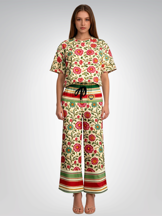 Orange Sari Bloom in Striped Splendor Eco-Poly Wide Leg Pants