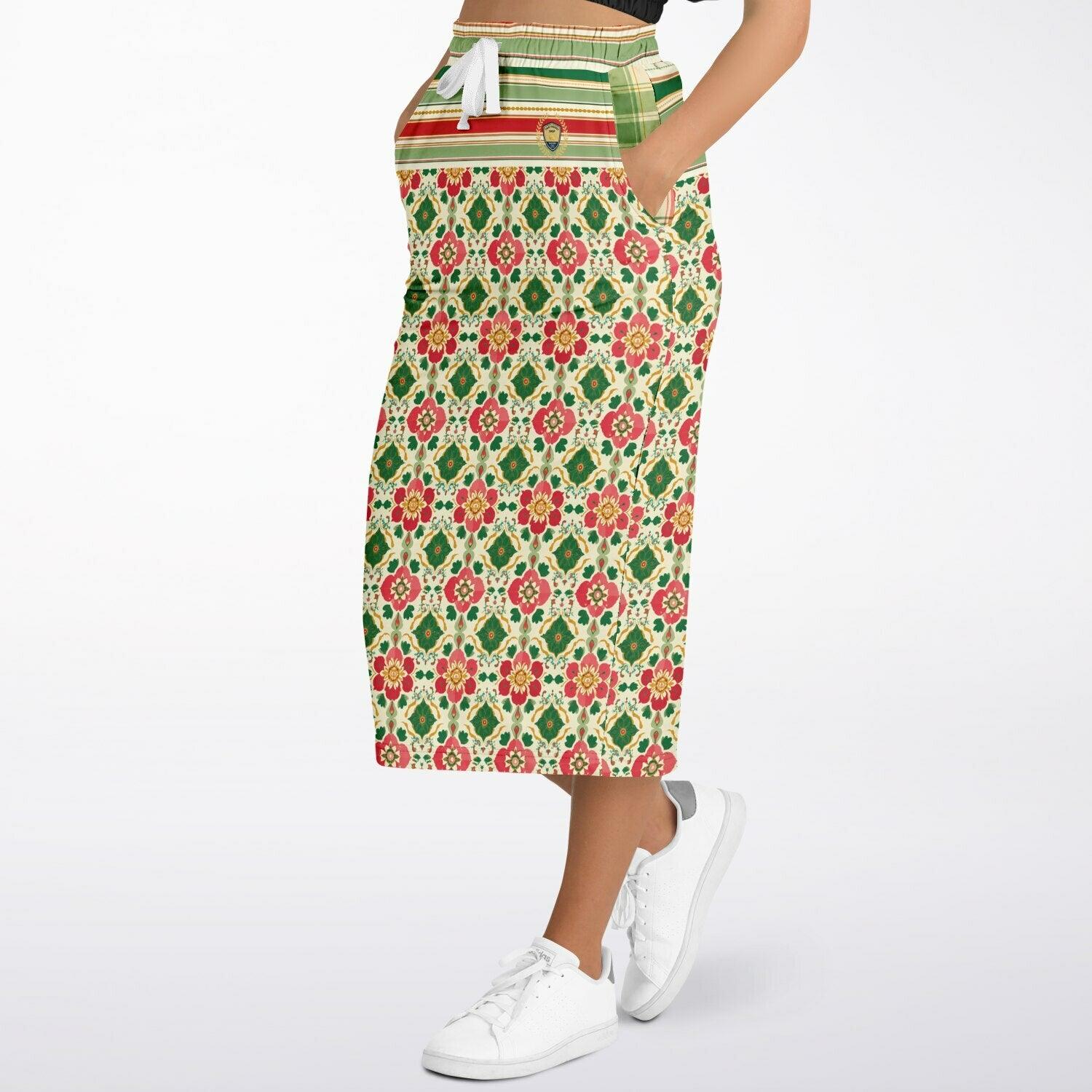 Orange Sari Bloom in Striped Splendor Eco-Poly Long Pocket Skirt