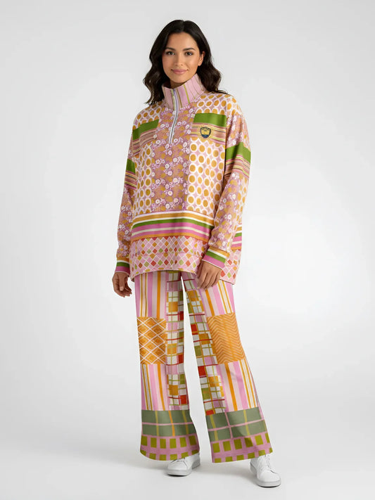Pink Blush Over Me Patchwork Print Eco-Poly Wide Leg Pants