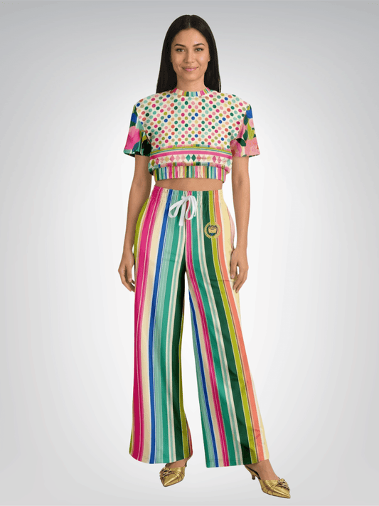 Paris in Full Bloom and Stripe Eco-Poly Wide Leg Pants