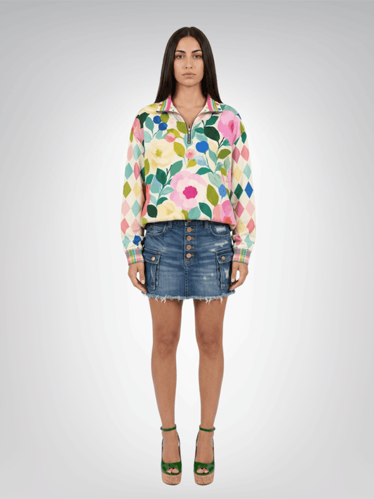 Paris in Full Bloom & Harlequin Heavyweight Oversized Quarter Zip Sweatshirt