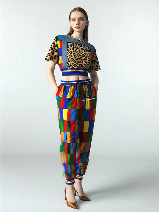 Picasso Primary Geometric Leopard Eco-Poly Short Sleeve Cropped Pullover